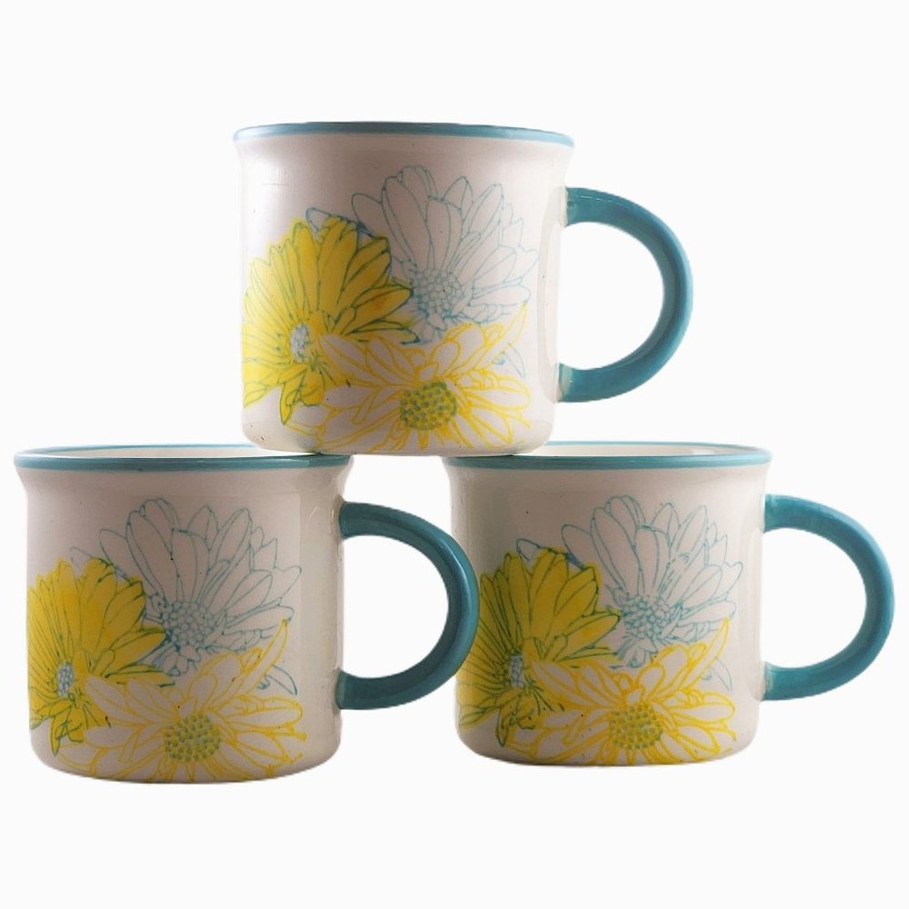 Baum Brothers Daisy Mug Set Large Blue Yellow White Floral Flower Cup 3pc 12 oz
